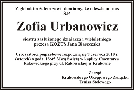 Nekrolog Zofii Urbanowicz
